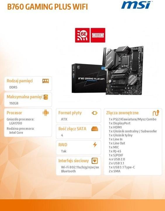 Immagine prodotto MSI B760 GAMING PLUS WIFI LGA1700 mATX MB 4xDDR5 4xSATA 2xM.2 (LGA 1700, Intel B760, ATX)