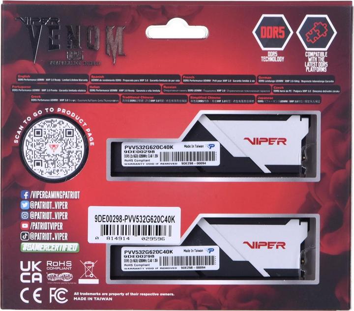 Produktbild Patriot Viper Venom 32GB DDR5 6200-40, PVV532G620C40K (2 x 16GB, 6200 MHz, DDR5-RAM, U-DIMM)