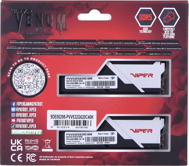 Actual product image Patriot Viper Venom 32GB DDR5 6200-40, PVV532G620C40K (2 x 16GB, 6200 MHz, DDR5 RAM, U-DIMM)