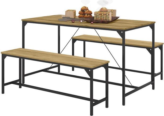 Produktbild Swisshandel24 Essgarnitur, Tisch & 2 Bänke, Industrial Design, Stahlrahmen, Holzdekor/Schwarz (140 x 70 x 76 cm)
