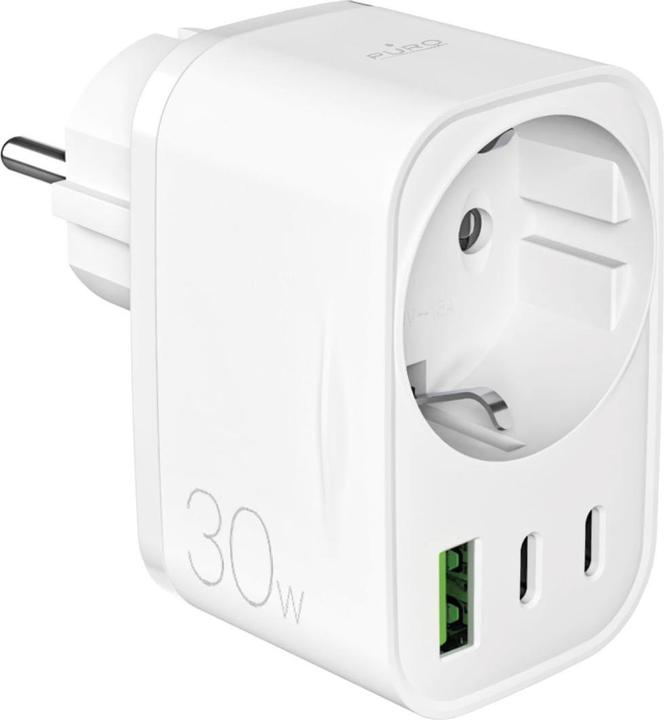 Image du produit Puro 30W Power Delivery Ladegerät mit Schuko Stecker und Buchse 2x USB-C + 1x USB-A - Weiss (30 W)