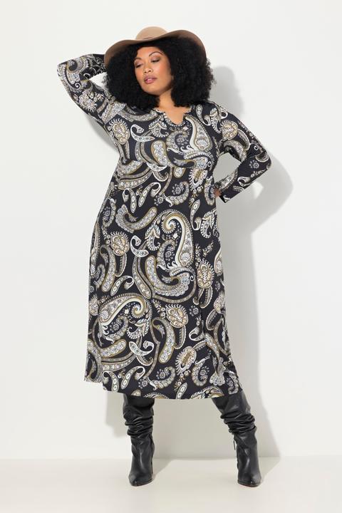 Actual product image Ulla Popken Matte Jersey Paisley Long Sleeve Notch Neckline Dress (50, 52)