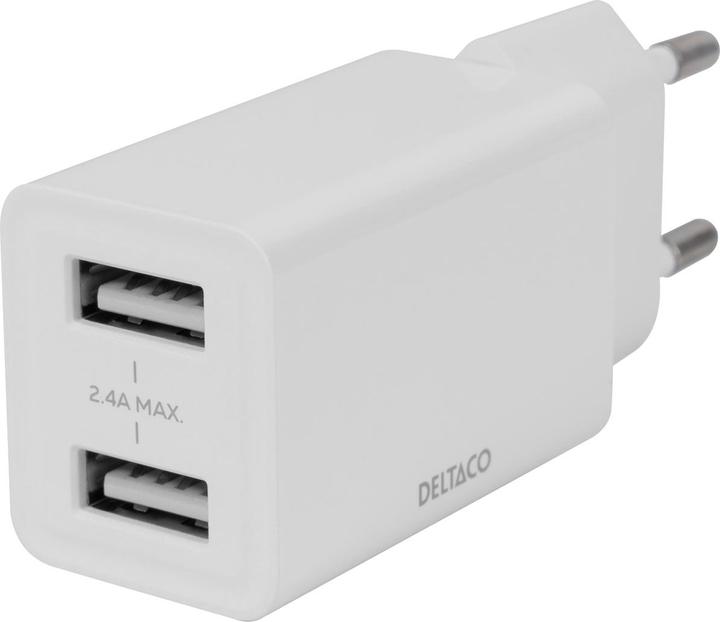 Actual product image Deltaco USB wall charger, 2x USB-A, 2.4 A, total 12 W, white USB-AC174 (12 W, 2 ports)