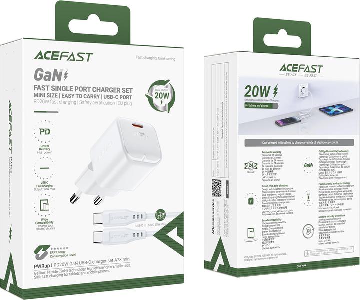 Produktbild Acefast A73 Mini PD 20W GaN-Wandladegerät + USB-C-Kabel – Weiss (20 W)