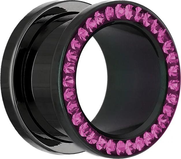 Image du produit Star Piercing Flesh Tunnel noir avec cristal fuchsia et couche de protection en époxy (Acier chirurgical 316L, sans laiton)