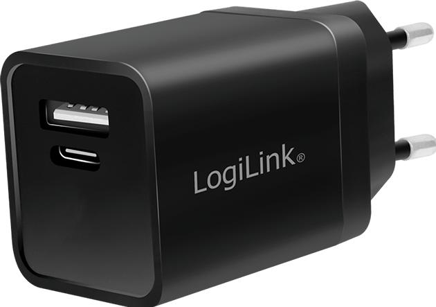 Produktbild LogiLink USB-Ladeadapter-Set, Auto & AC, USB-C/F + USB-A/F, 5 V/15 W, schwarz