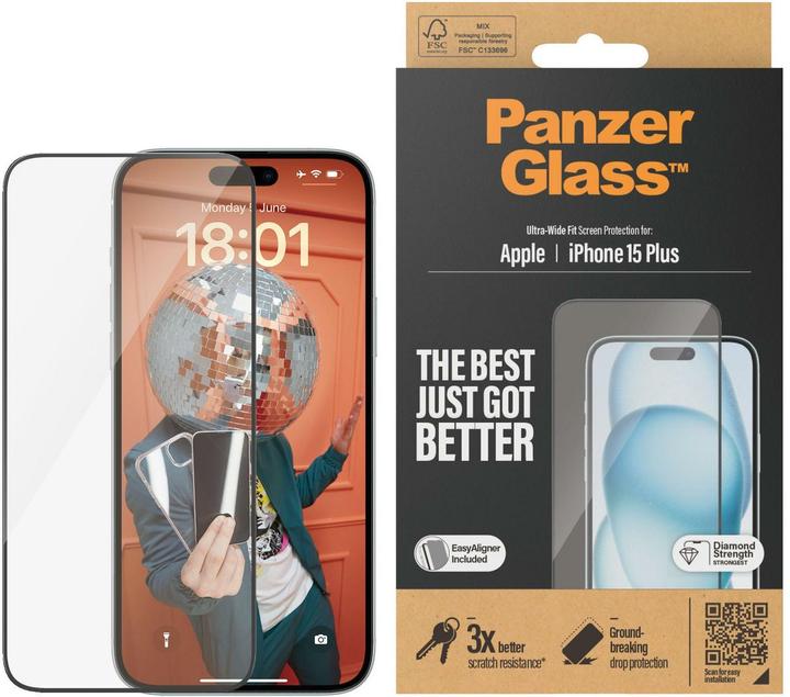 Produktbild PanzerGlass Screen Protector Ultra-Wide Fit w. EasyAligner (1 Stk., Apple iPhone 15 Plus)