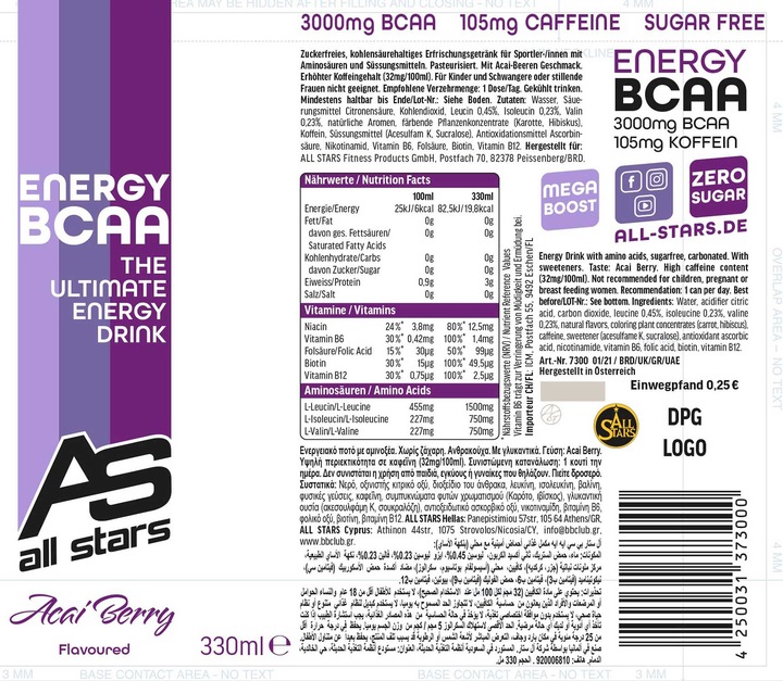 Valeurs nutritives et ingrédients All Stars Boisson énergétique BCAA (6 x 330ml) (baie d'açai)