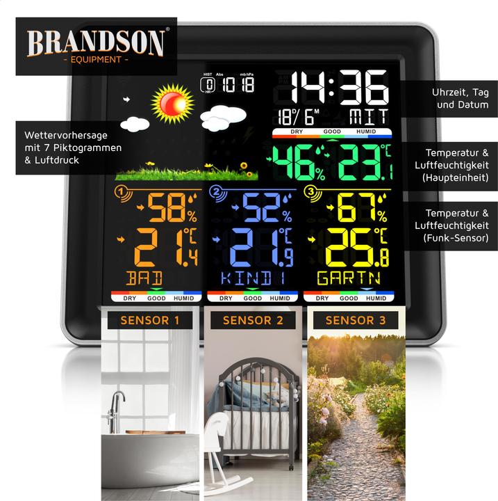 Image du produit Bearware Funk Wetterstation mit Farbdisplay & 3 x Wireless Funksensoren / Aussensensor, DCF Funkuhr, Alarm