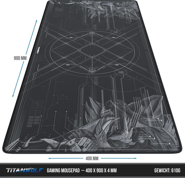 Produktbild Titanwolf Gaming Mauspad XXL, glattes Stoffgewebe, Speed Mausmatte 900 x 400mm grosse Fläche, HUD Motiv (Wide)