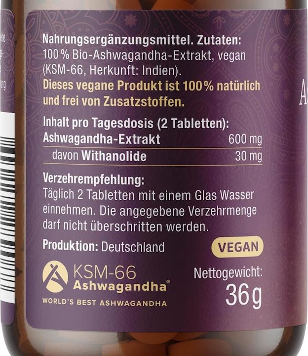 Nutritional values and ingredients Effective Nature Organic Ashwagandha Extract KSM-66 (120 Piece, Pills, 36 g)