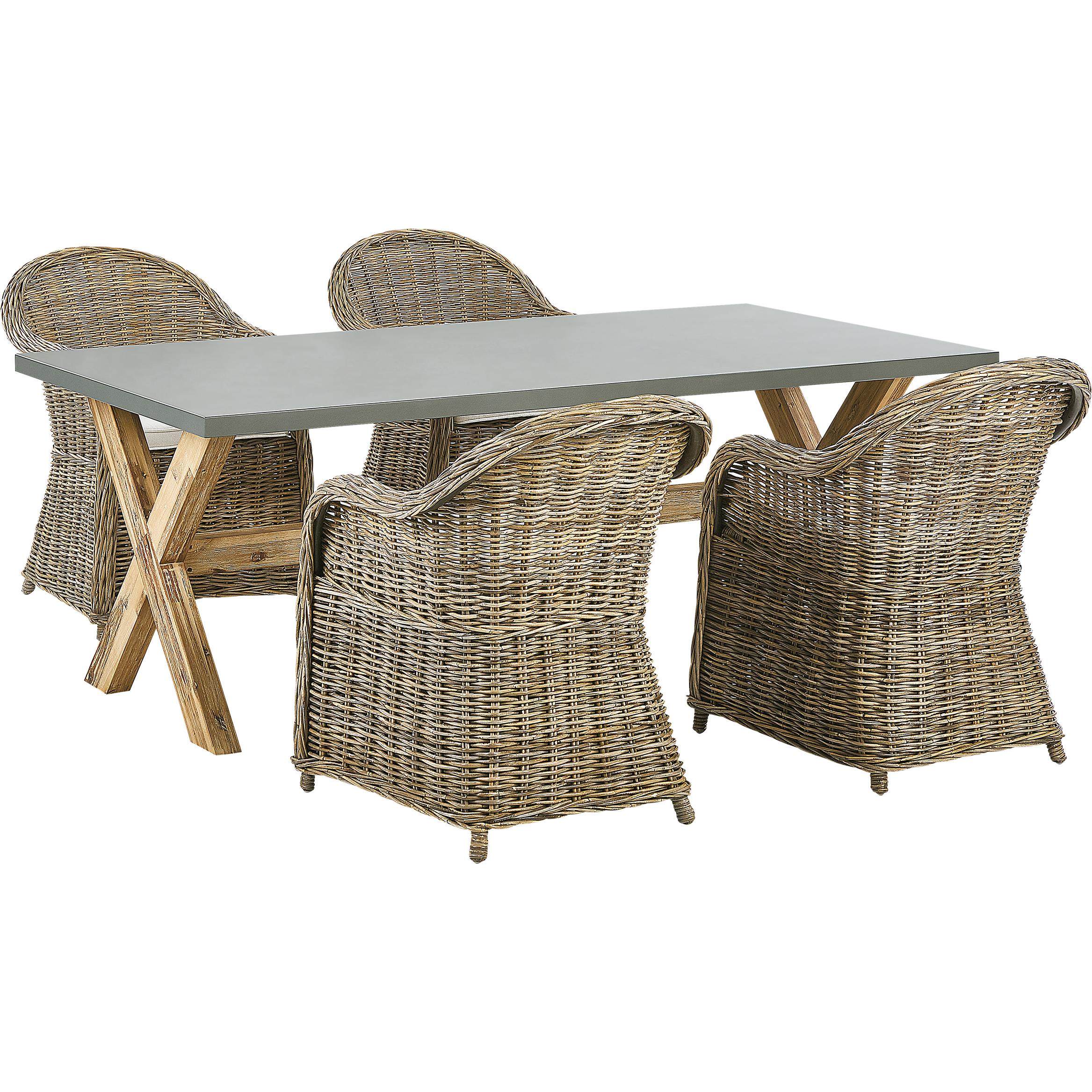 Beliani, Gartentisch + Balkontisch, Gartenmöbel Set Rattan natürlich 4-Sitzer Auflagen cremeweiss SUSUA/OLBIA (200 cm)