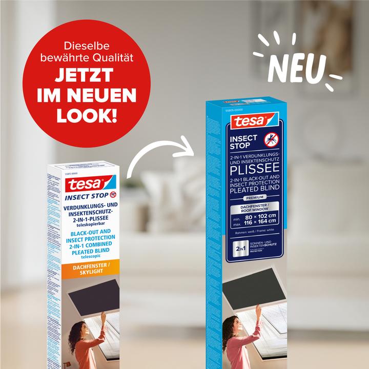 Produktbild tesa Insektenschutz 2-in-1-Plissee - Rollo und Fliegengitter für Dachfenster ohne Bohren (116 x 164 cm)