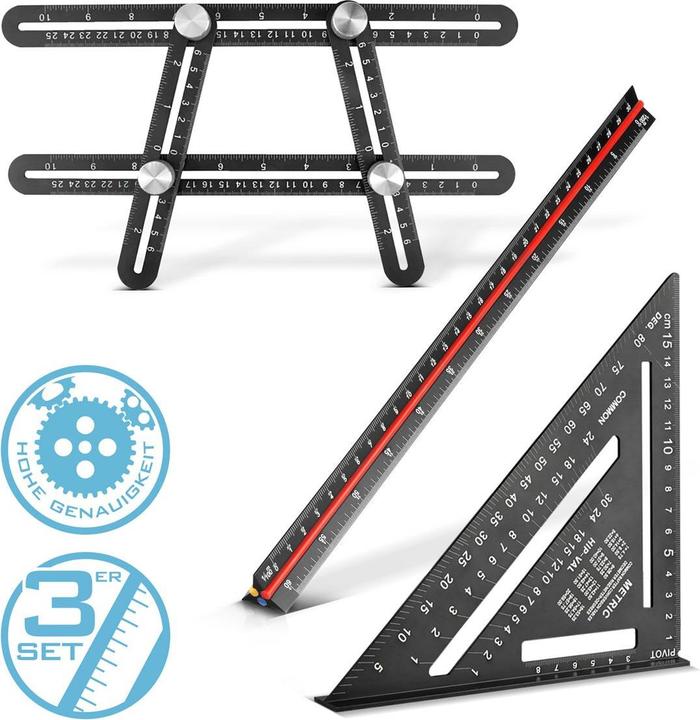 Produktbild Stahlwerk Lineal Set mit Multiwinkel-Messlineal, Dreikant-Lineal, Winkeldreieck (30 cm)