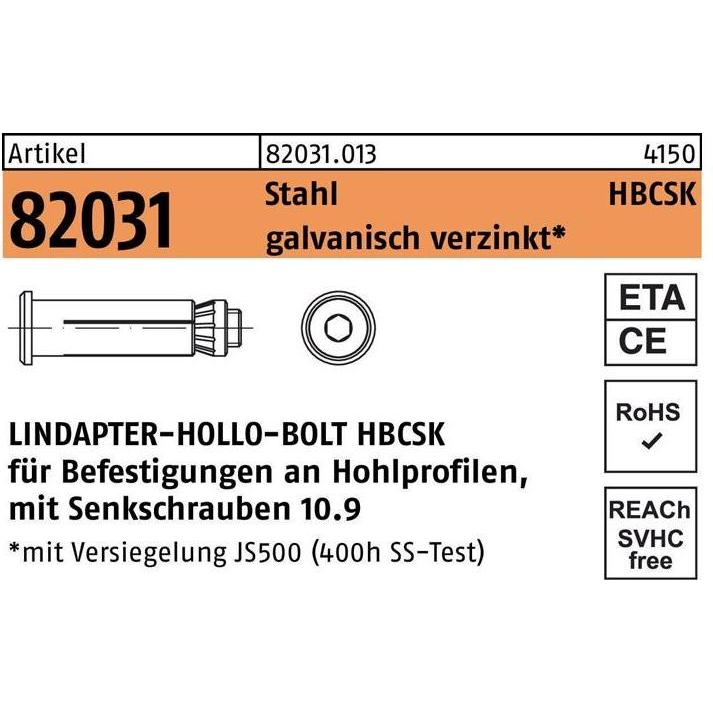Lindapter, Dübel, Hohlraumdübel R 82031 m.Senkschraube HBCSK 08-1 ( 50/22) 10.9 galvanisch verzinkt (1 Stk.)