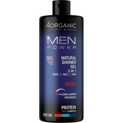 4Organic, Gel doccia, Men Power Sport Natural Shower Gel 3 In 1 500ml (500 ml)