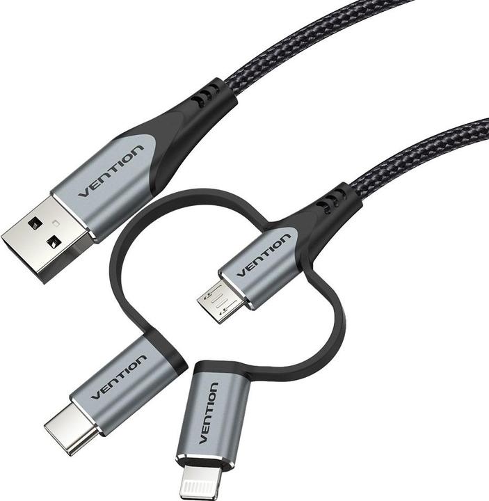 Actual product image Vention USB 2.0 A Male to 3-in-1 Micro-B&USB-C&Lightning Male Cable 1M Gray Aluminum Alloy Type (1 m, USB 2.0)