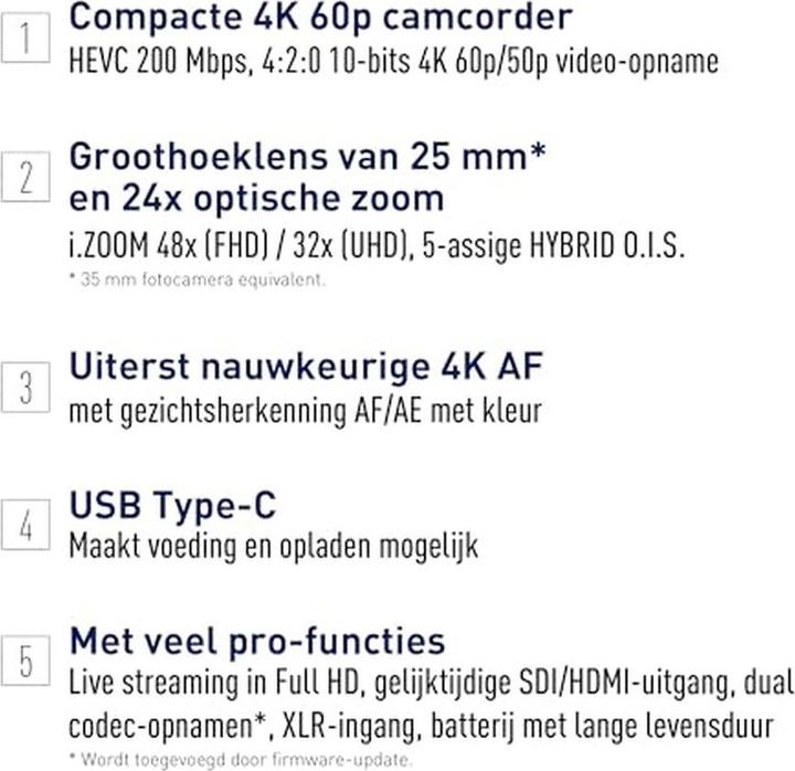 Nährwerte und Zutaten Panasonic Professionelle 4K 60p Camcorder mit 25mm Weitwinkel, 24x Zoom, 3G-SDI, XLR, 5-Achsen-OIS (60p, 24 x)
