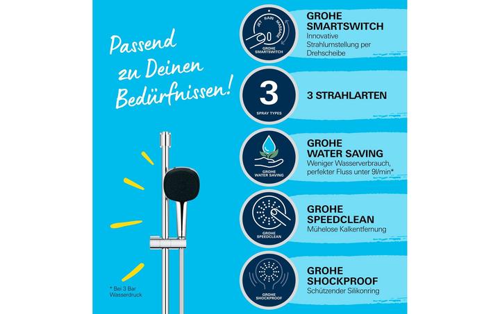 Produktbild Grohe Vitalio Comfort 110 QuickFix Brausestangenset, kleben oder bohren, Länge 600mm, 3 Strahlarten, wasse