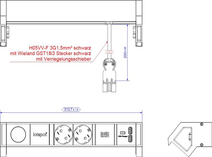 Actual product image Bachmann DESK2 1xIOTspot 2xCEE7/3 USB Charger 0.2m GST18, inox (4x, CEE 7/3)