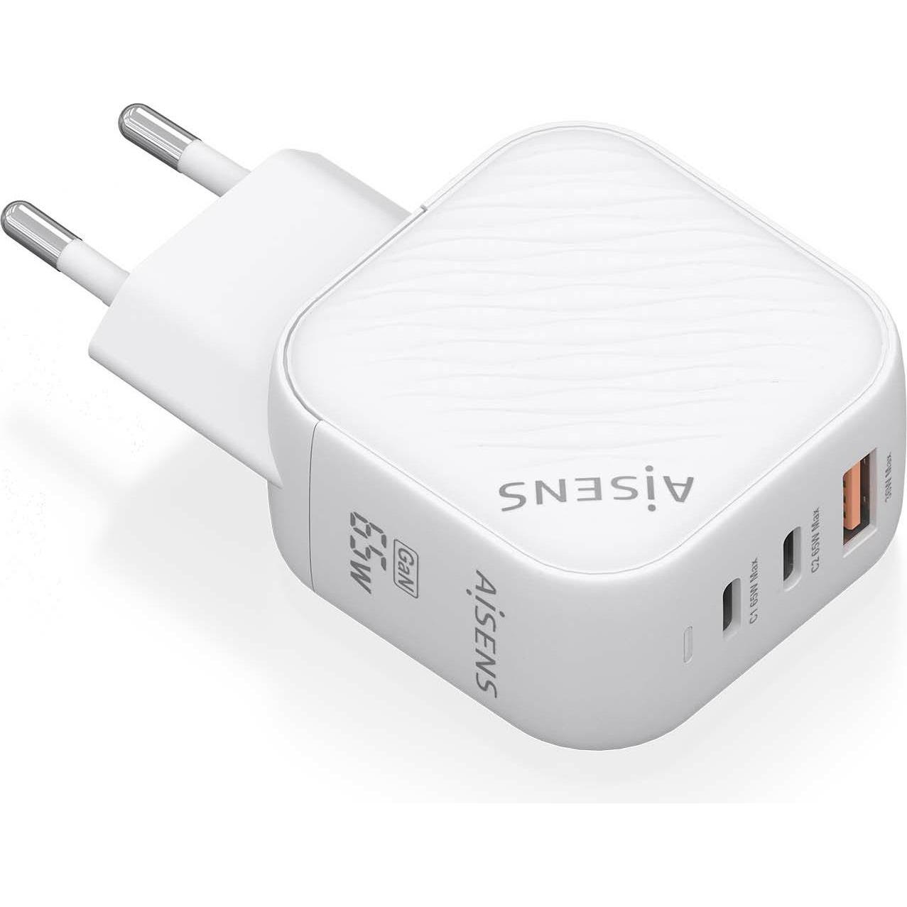 Aisens CARGADOR GAN 65W 2XUSB-C PD3.0 QC4.0 1XUSB-A QC3.0 BLANCO (65 W, 3 porte), Caricatore USB, Bianco