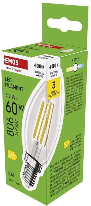 Produktbild Emos LED Lampe Filament Candle / E14 / 5,9 W (60 W) / 806 lm / Neutral Weiss (E14, 806 lm, 1x)
