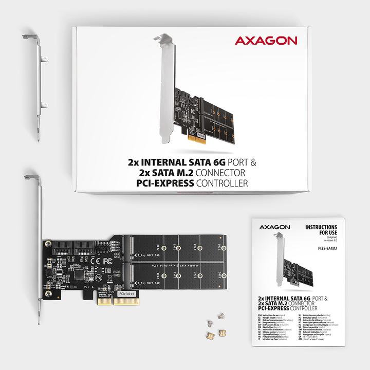 Actual product image Axagon PCES-SA4M2 PCIe Controller 2x internal SATA 6G port + 2x internal M.2 B-key SATA port + LP