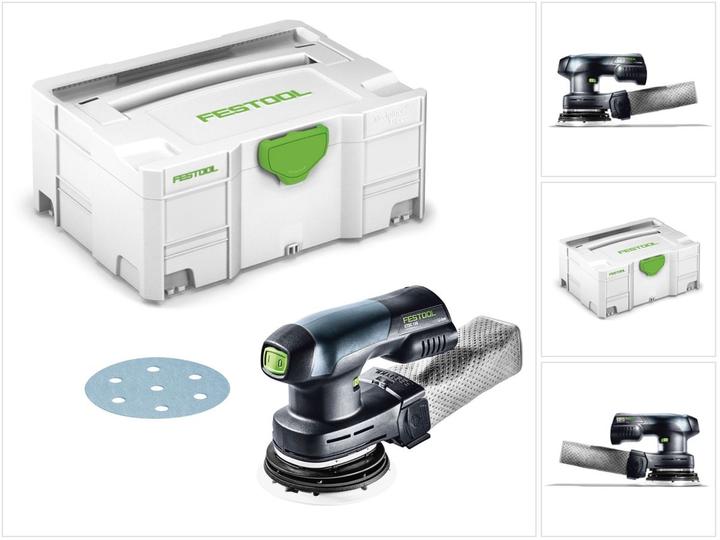 ohne Akku, ohne Ladegerät, 1x Festool ETSC 125 Akku Exzenterschleifer, 1x StickFix Schleifteller 125 mm W-HT (weich-HT), 1x Festool Granat Schleifscheibe P120 125 mm, 1x Longlife-Staubfangbeutel, 1x Festool PROTECTOR Schutzhaube, 1x Festool Systainer SYS 2 T-LOC mit passender Einlage