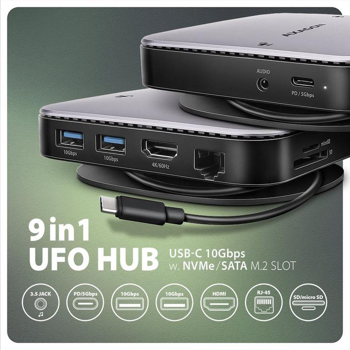Produktbild Axagon HMC-UFO USB-C Hub, M.2 SATA/NVMe, 1 Gbit/s Ethernet, 384 kHz Audio - schwarz/silber (USB-C, 1 Port)