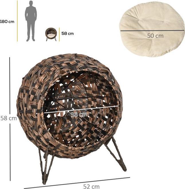 Produktbild Swisshandel24 Katzenhaus aus Rattan mit Kissen Katzenschlafplatz Katzenhöhle mit erhöhten Füssen Braun Ø52 x 58 cm (Katze)