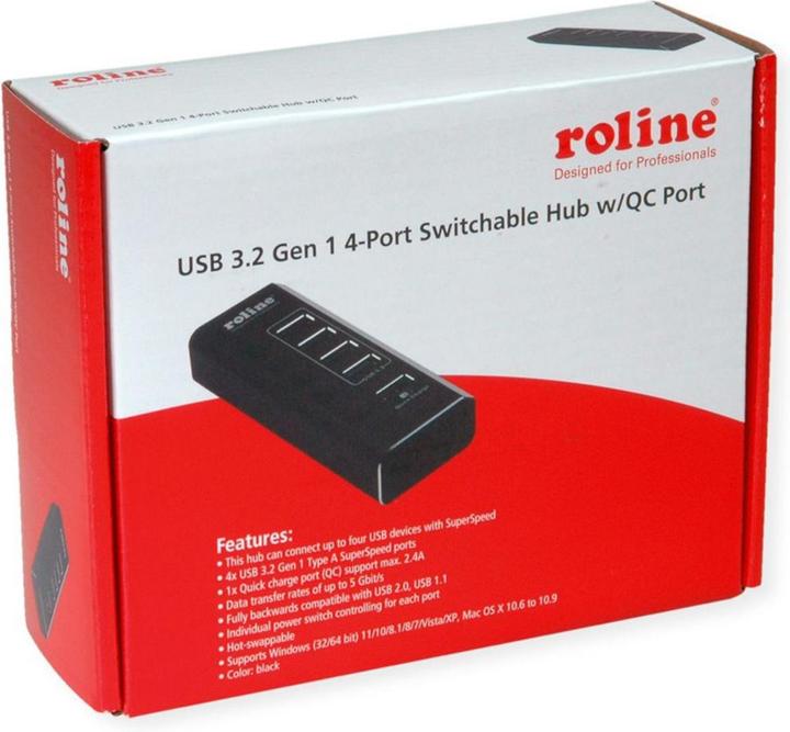 Actual product image Roline USB3.2 Gen1 hub, 5x, 4x A + 1x QC ports individually switchable (USB-B, 5 ports)