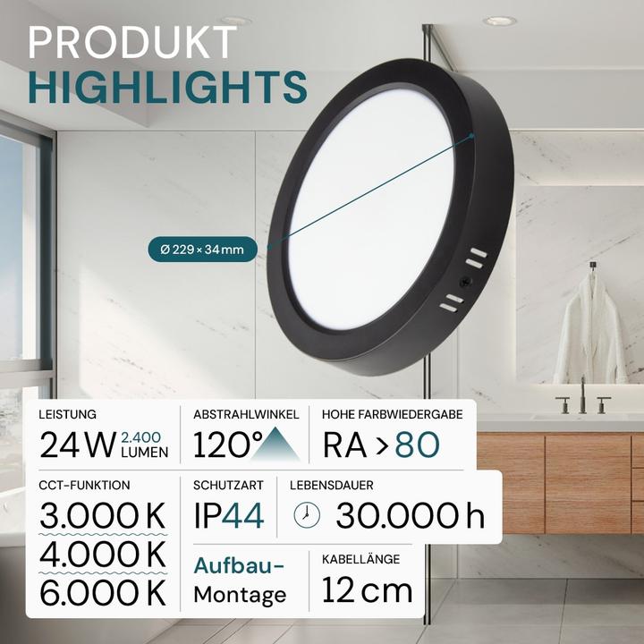 Produktbild Luxula LED-Deckenleuchte, 24W, EEK: F, 2400lm, CCT, IP44, rund, schwarz (2400 lm)