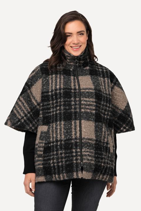 Immagine prodotto Ulla Popken Poncho a quadri in tessuto bouclé con collo alto e cerniera a doppio cursore (50, 52, 54, 56)