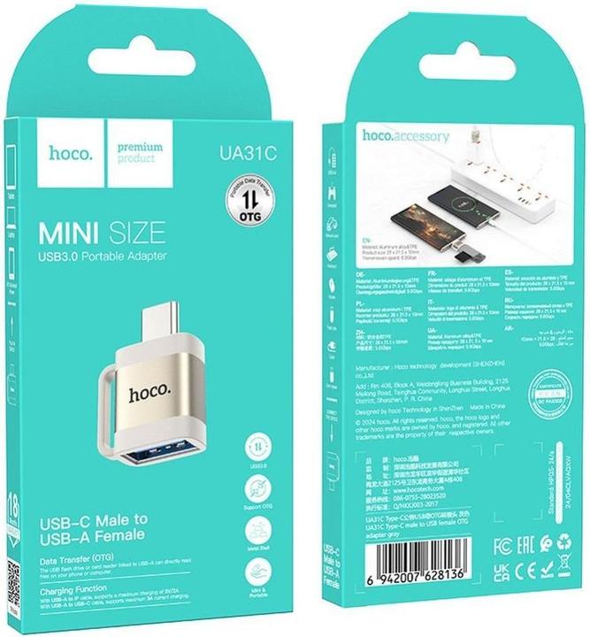Actual product image Hoco Cable adapter OTG Type C (male) to USB A (female) 3A UA31C gray (USB-A, USB-C)