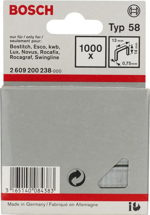Produktbild Bosch Professional Zubehör Feindrahtklammer Typ 58, 13 x 0,75 x 14 mm, 1000er-Pack
