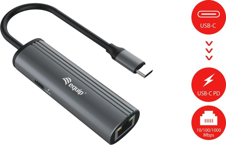 Productafbeelding equip Adapter USB-C -> 10/100/1000 +PD Adapter gr (USB-C, 2 Havens)