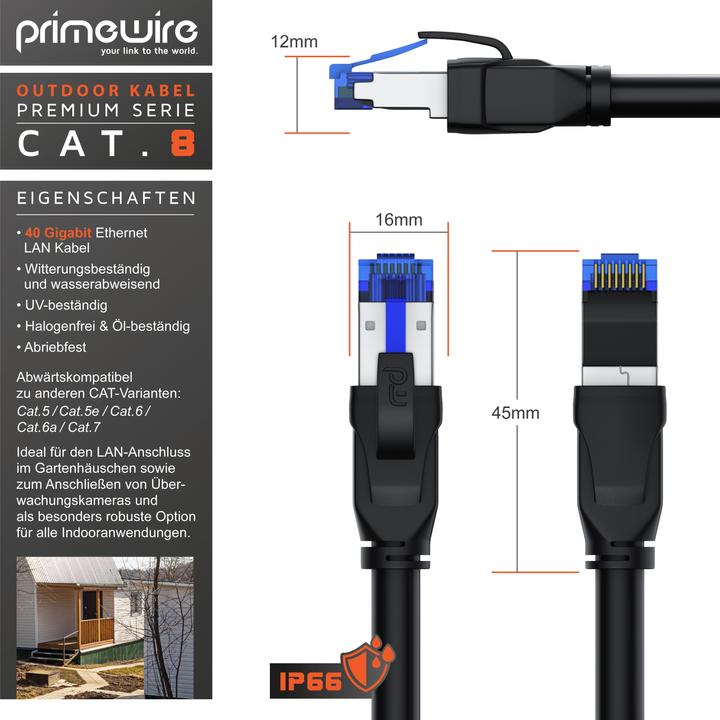 Produktbild Primewire Netzwerkkabel CAT.8, LAN Kabel, RJ-45, Ethernet, Outdoor Patchkabel CAT 8, IP66 40 Gbit/s S/FTP (S/FTP, CAT8.1, 10 m)