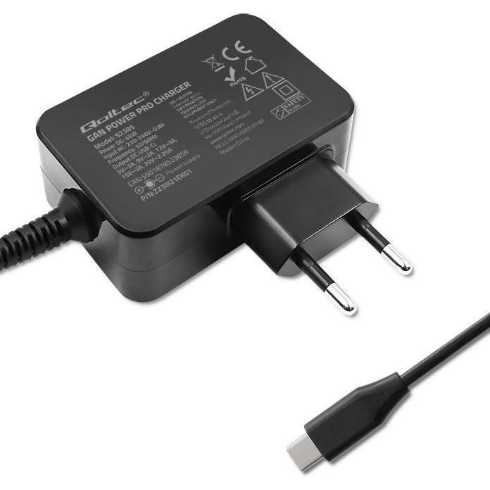 Qoltec Ładowarka GaN POWER PRO 1xUSB-C 45W 5-20V 2.25-3A Czarna (45 W), USB Ladegerät, Schwarz