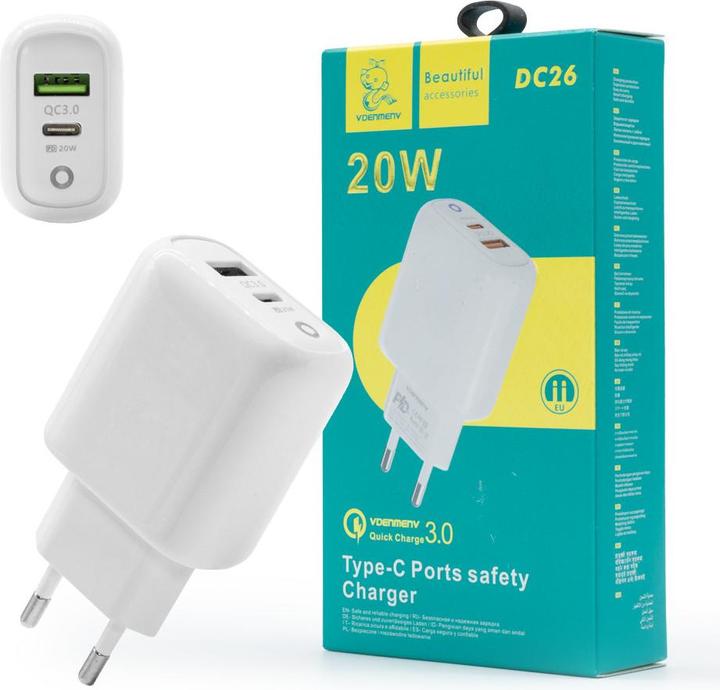Produktbild DENMEN DUAL USB + USB-C 20W DC26 WAND-LADEGERÄT (20 W, 2 Ports)
