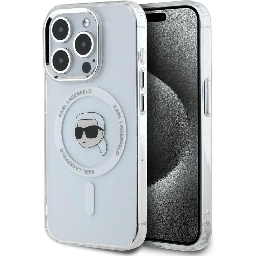 Karl Lagerfeld IML Karl Head Metal Frame MagSafe Case for iPhone 15 Pro Transparent (Apple iPhone 15 Pro), Smartphone Hü...