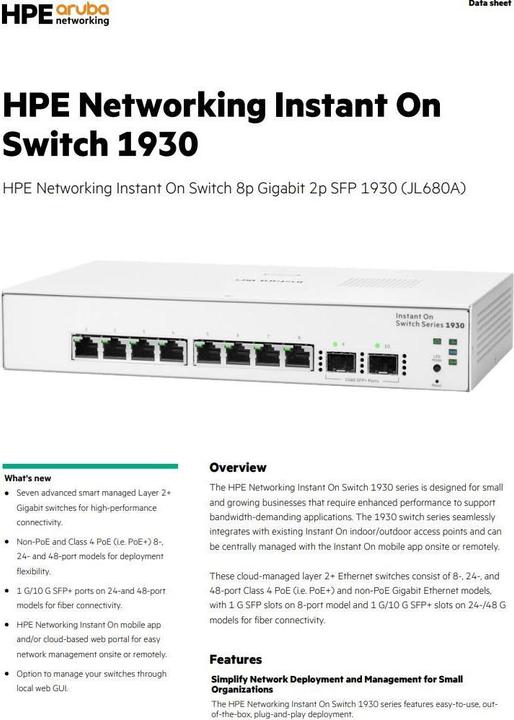 Productafbeelding Aruba Onmiddellijk aan 1930 8G 2SFP (8 ports)