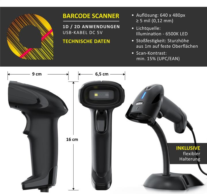 Produktbild Aplic Barcodescanner kabelgebunden USB, manuell/auto, Standhalterung Handscanner, hochauflösend, Plug&Play (2D-Barcodes)