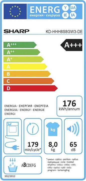 Etichetta energetica Sharp 8 kg Torre di lavaggio WW (8 kg, A destra)
