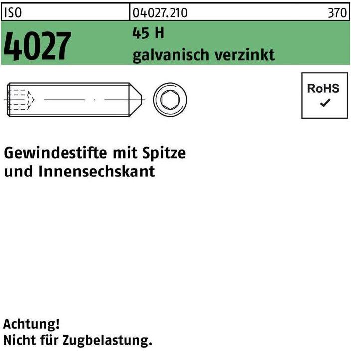 Reyher, Schrauben, Gewindestift ISO 4027 Spitze/Innensechskant M 16 x 50 45 H galvanisch verzinkt (50 Schrauben pro Stüc...