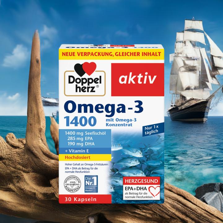 Produktbild Doppelherz Omega-3 1400 Hochdosiertes Omega-3-Konzentrat mit Vitamin E 30 Kapseln (30 Stk., Kapseln, 59.20 g)