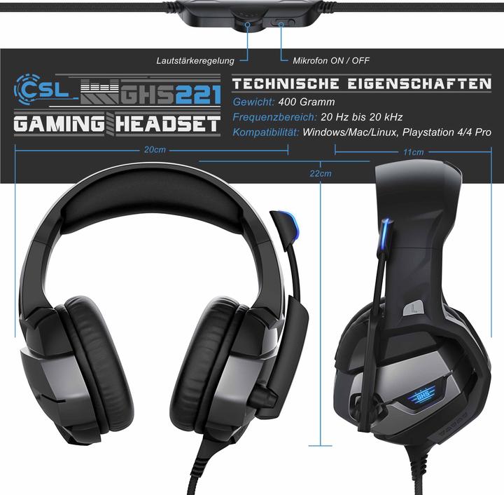 Produktbild CSL Gaming Headset "GHS-221" mit Mikrofon & AUX, Gamingheadset geeignet für PC/ PS4/ PS4 Pro (Kabelgebunden)