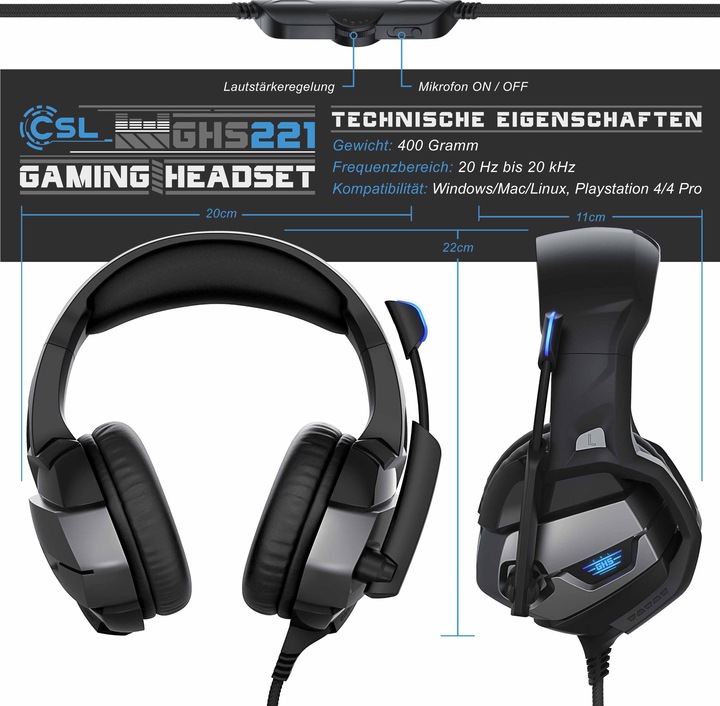 Immagine prodotto CSL Cuffie da gioco "GHS-221" con microfono e AUX, cuffie da gioco adatte a PC/ PS4/ PS4 Pro (Cablato)