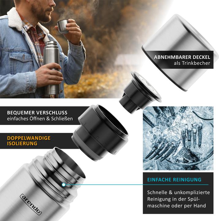 Produktbild Arendo Thermosflasche Isolierflasche auslaufsicher 1L, Edelstahl Trinkflasche 1000ml BPA-frei für Unterwegs (1 l)