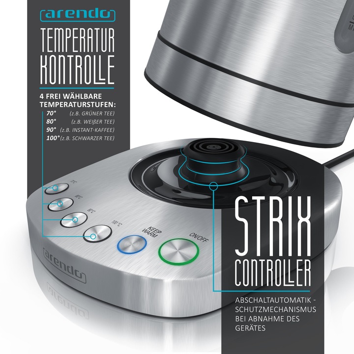 Actual product image Arendo Kettle 1.7 l, 3000 W, stainless steel, rapid boil, adjustable temperature, keep warm function (1.70 l)