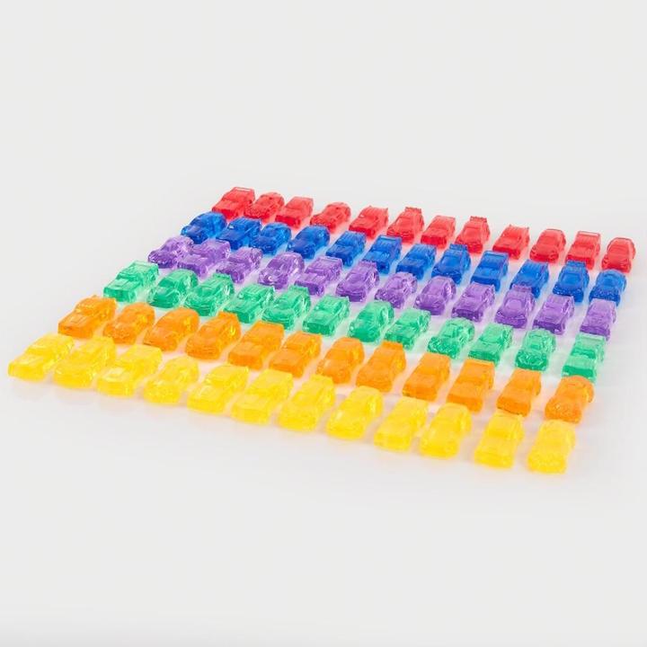 Actual product image TickiT Set with 72 colorful, translucent plastic car figures in a storage box